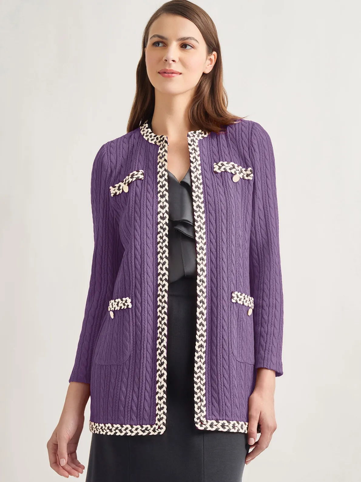 Jewel Neck Contrast Trim Cable Knit Jacket