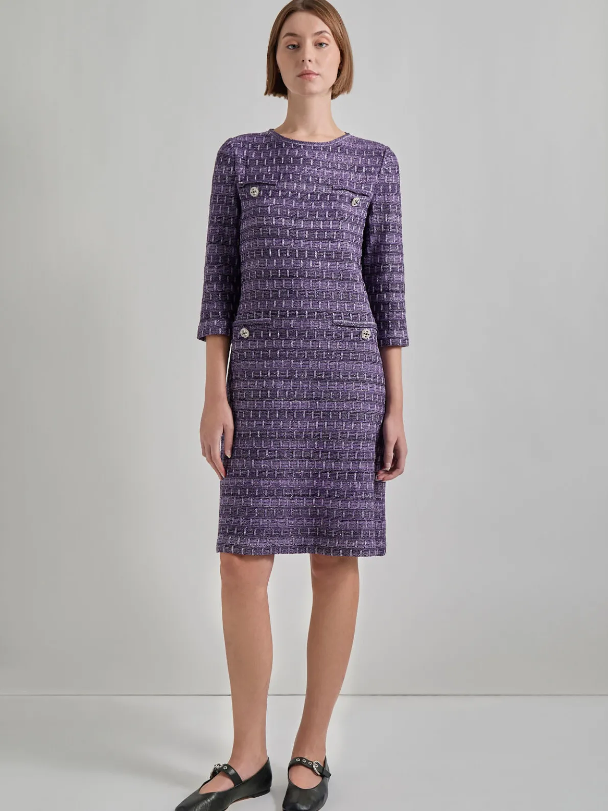 Metallic Accent Tweed Knit Shift Dress