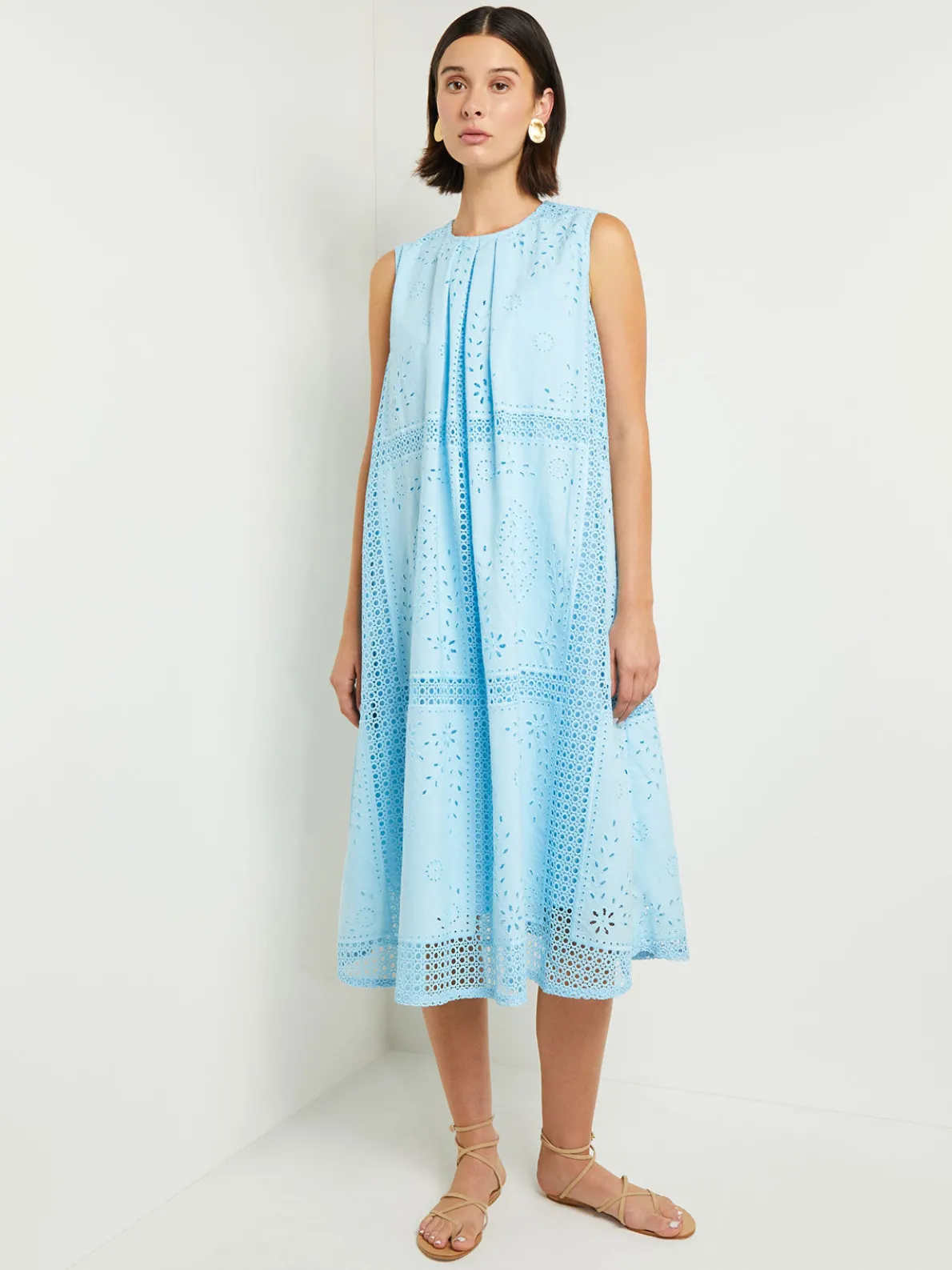 Midi Tent Dress - Sleeveless Eyelet Detailed Woven