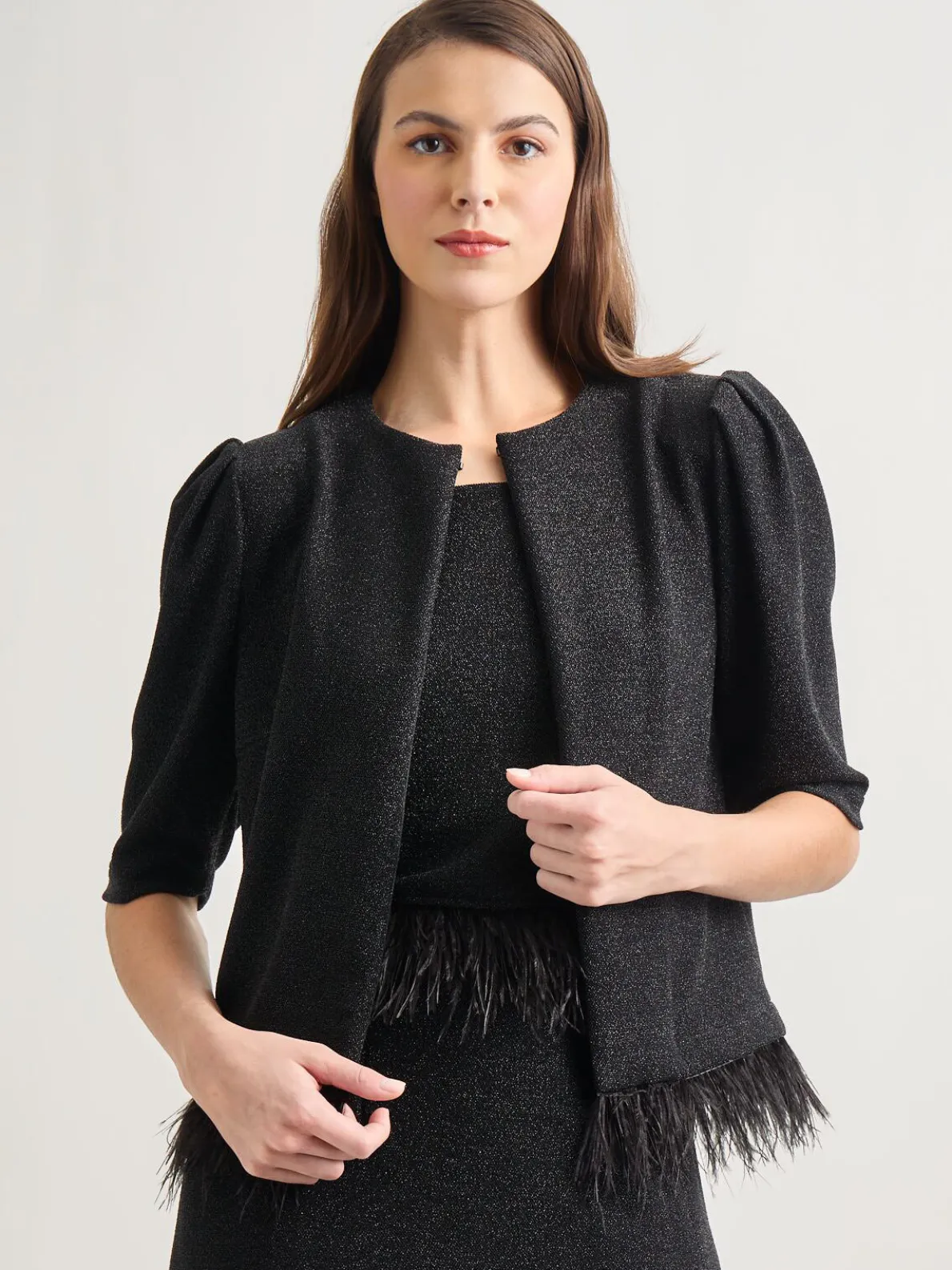Modern Fit Ostrich Feather Trim Stretch Woven Jacket