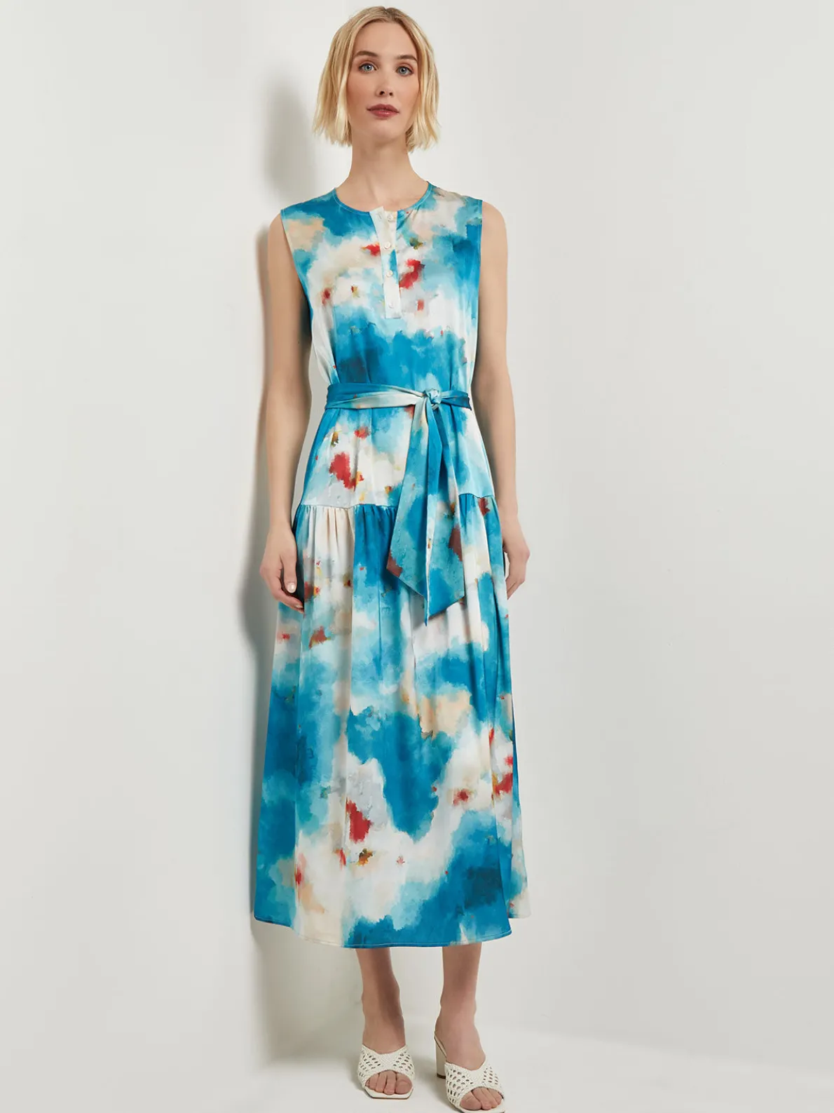 Watercolor Removable Shawl Collar Crepe Maxi Dress