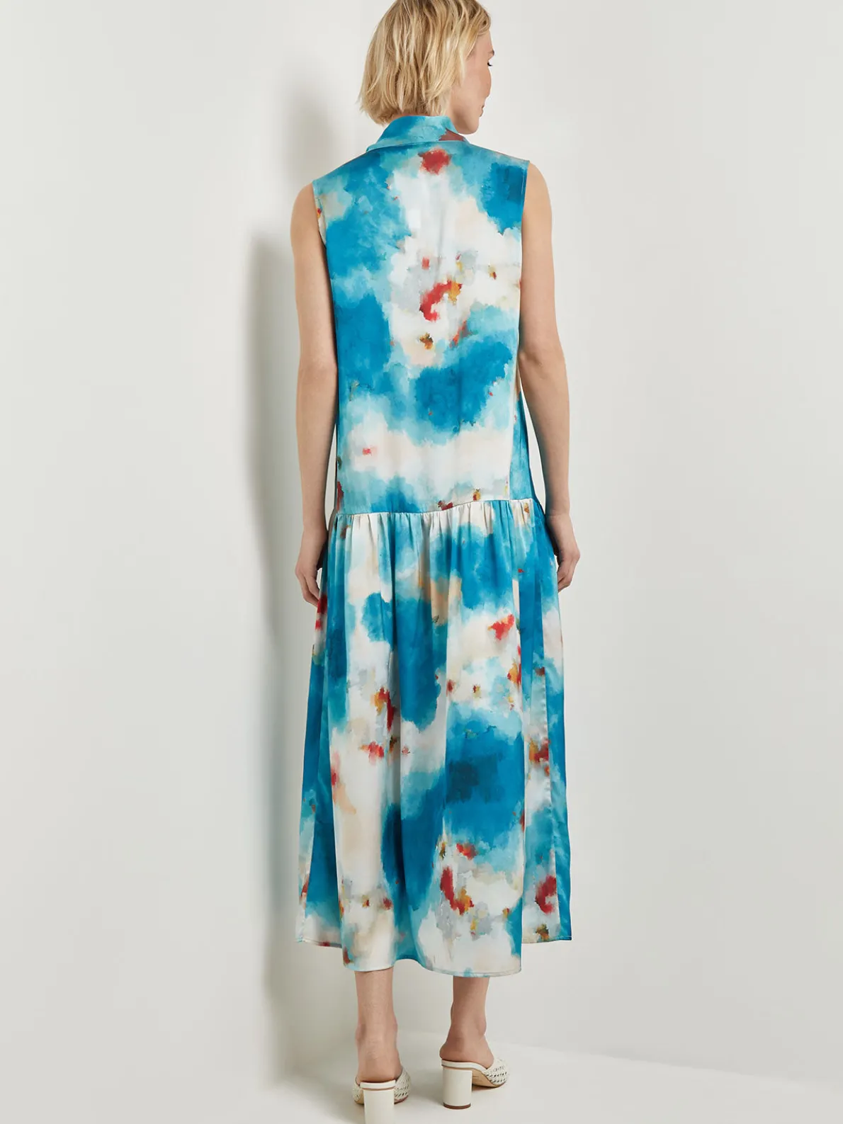 Watercolor Removable Shawl Collar Crepe Maxi Dress